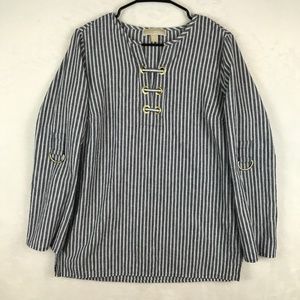 Michael Kors Shirt Womens Sz 8 Blue White Striped V-Neck Collarless Linen Blend